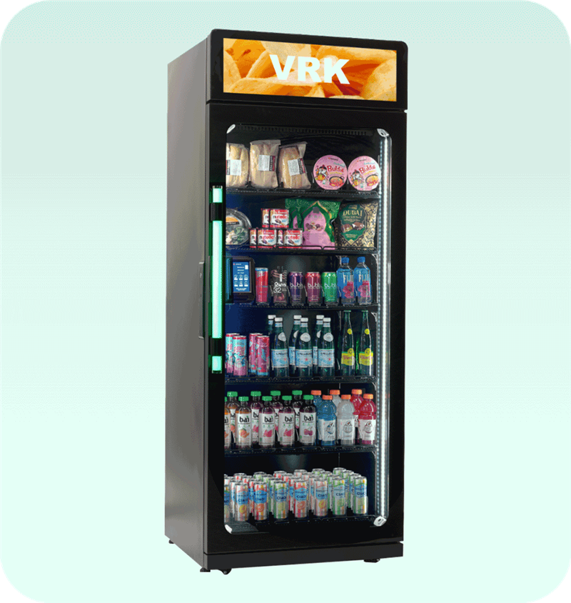VRK AI smart cooler with glass door and tap-to-open handle